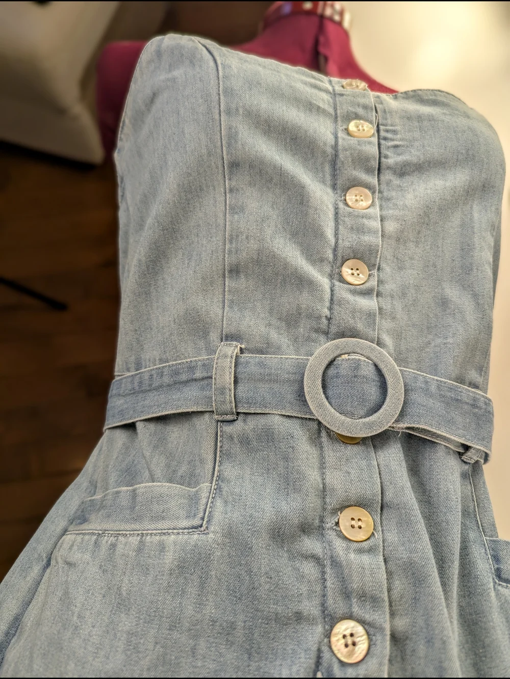 Rip Curl Light Blue Denim Button-Front Overall Shorts with Belt - Picture 4 of 6